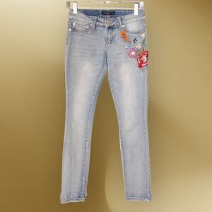 RUE21 Premium Black Embellished Embroidered Low Rise Skinny Denim Blue Jeans